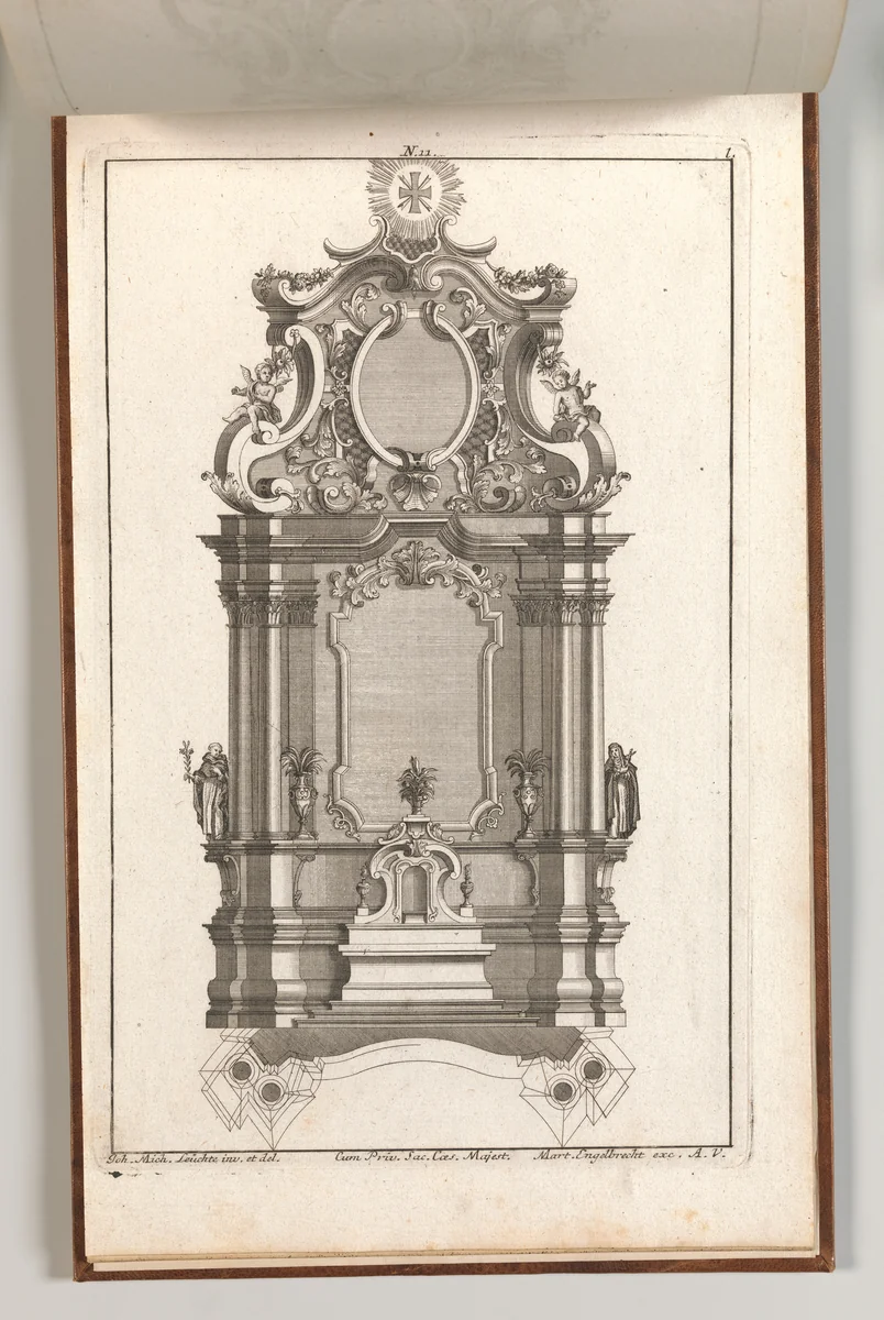Design for a Monumental Altar, Plate L from 'Unterschiedliche Neu Inventierte Altäre mit darzu gehörigen Profillen u. Grundrißen.' by Johann Michael Leüchte, book, 1745-1755