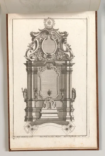 Design for a Monumental Altar, Plate L from 'Unterschiedliche Neu Inventierte Altäre mit darzu gehörigen Profillen u. Grundrißen.' by Johann Michael Leüchte, book, 1745-1755