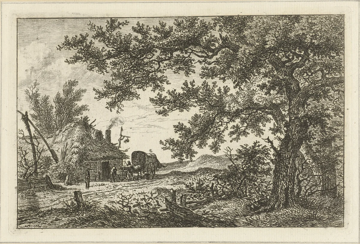 Huifkar bij boerderij by Hermanus Fock, print, 1781-1822