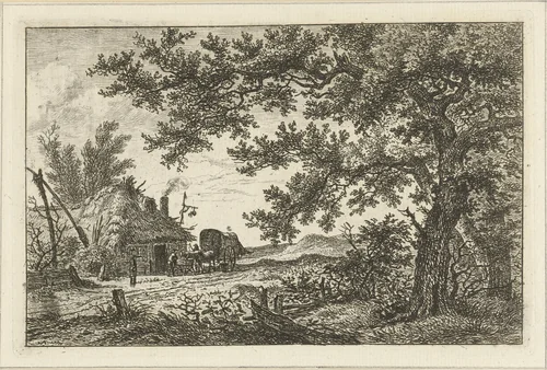 Huifkar bij boerderij by Hermanus Fock, print, 1781-1822