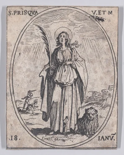 Ste. Prisque, vierge et martyre (St. Prisca, Virgin and Martyr), January 18th, from "Les Images De Tous Les Saincts et Saintes de L'Année" (Images of All of the Saints and Feast Days of the Year) by Jacques Callot, print, 1636