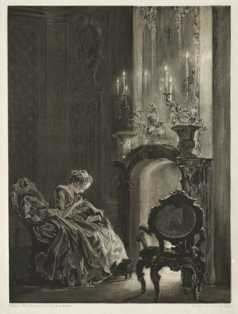 Essay on Stone with Brush and Scraper: Woman Reading at the Fireside by Adolph von Menzel, print, 1851