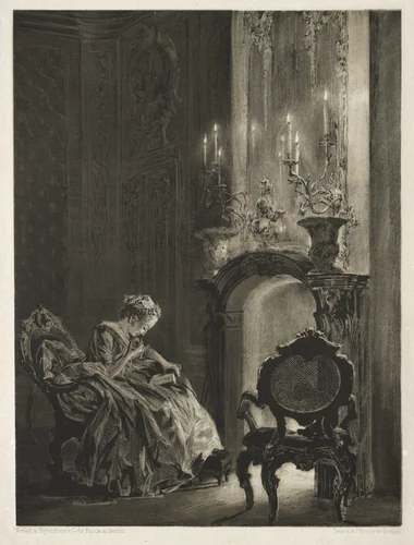 Essay on Stone with Brush and Scraper: Woman Reading at the Fireside by Adolph von Menzel, print, 1851