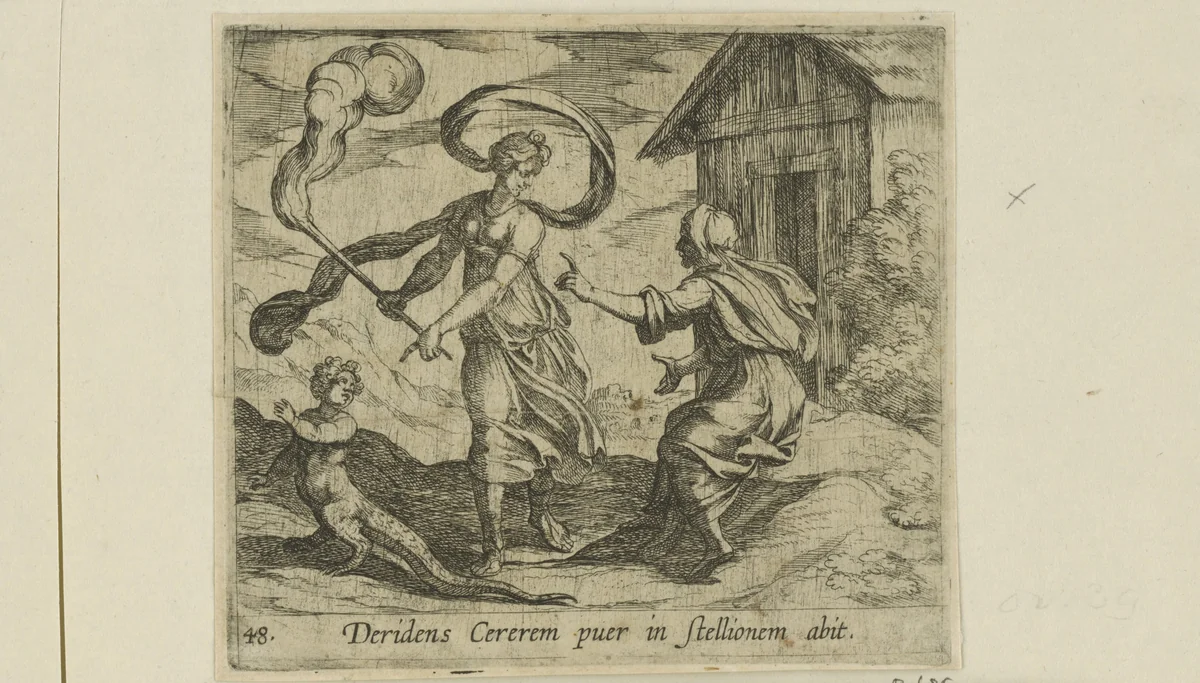 Ceres verandert Ascalabus in een hagedis by Antonio Tempesta, print, 1606