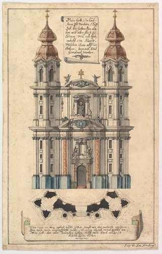 Baroque Church Façade with Obliquely Placed Towers by Joseph Kirnberger, drawing, 1755-1775