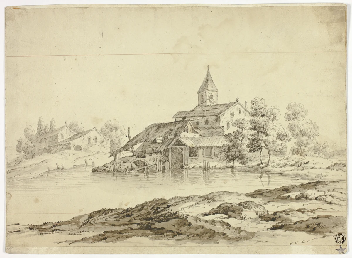 Watermill by Jan van Everdingen, drawing, 1600-1656