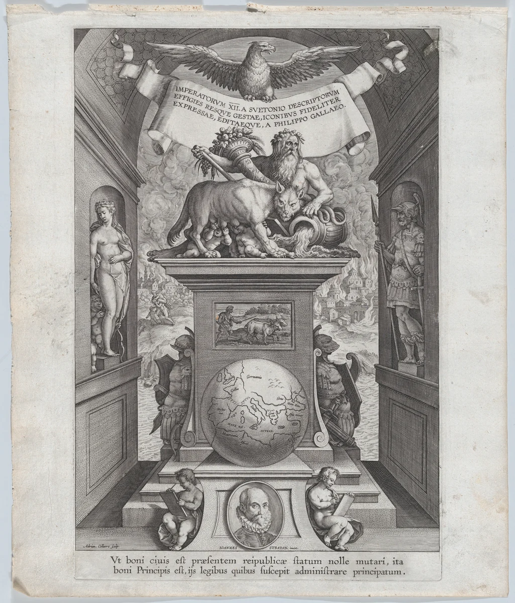 Title page for "Roman Emperors on Horseback" by Adriaen Collaert, print, 1582-1594