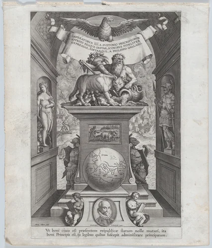 Title page for "Roman Emperors on Horseback" by Adriaen Collaert, print, 1582-1594