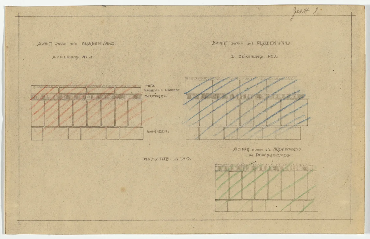 Wolf House, Gubin, Poland (Sections: typical walls) by Ludwig Mies van der Rohe, mies van der rohe archive, 1925
