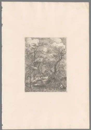 Man met hoed zit aan de oever van een sloot, die een bocht naar rechts maakt by John Crome, print, 1834