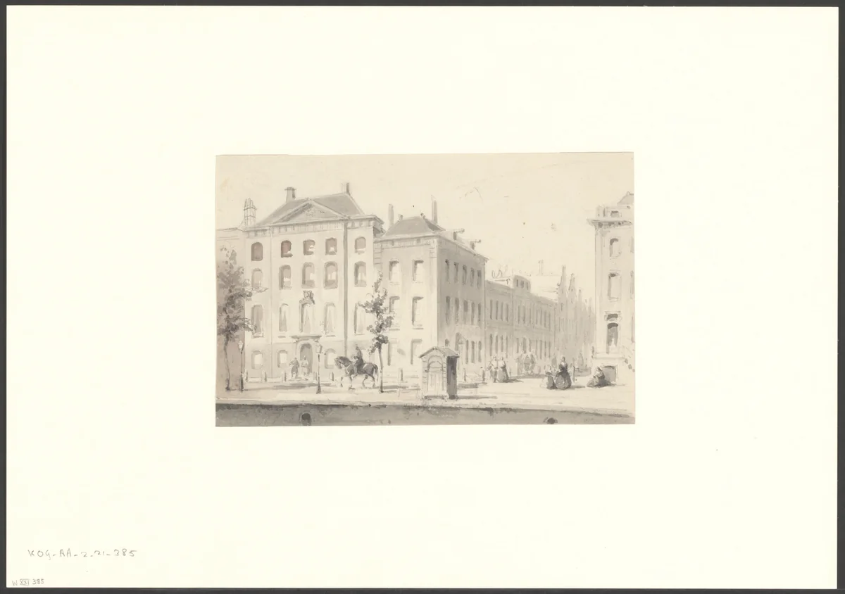 Gezicht op de Herengracht, hoek Spiegelstraat by Willem Hekking jr., drawing, 1835-1904