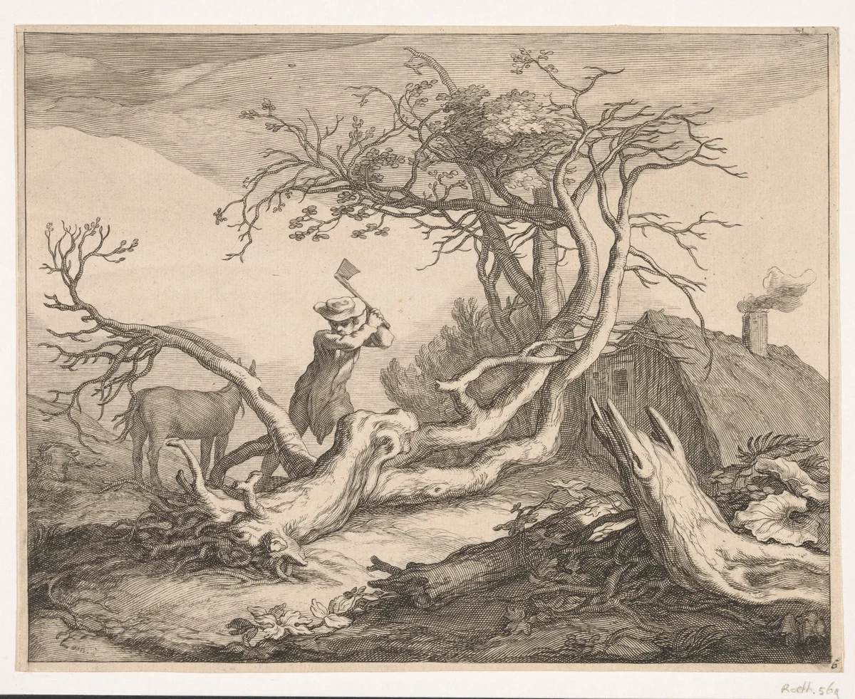 Landelijk uitzicht met een houthakker by Frederick Bloemaert, print, 1647