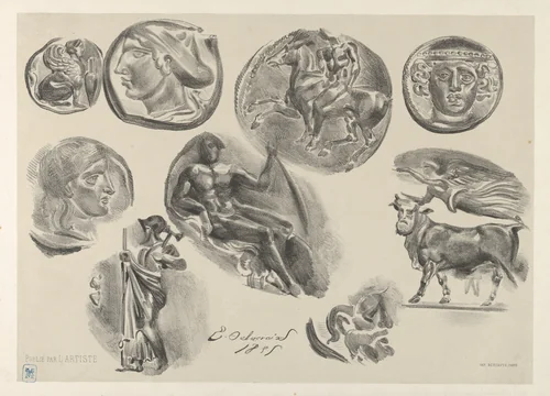 Sheet of Nine Antique Coins by Eugène Delacroix, print, 1825