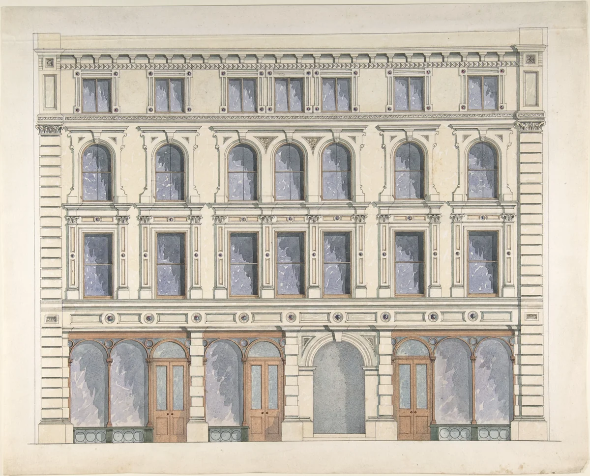 Design for a City Building with Three Shops on the Ground Floor by anonymous, drawing, 1800-1900