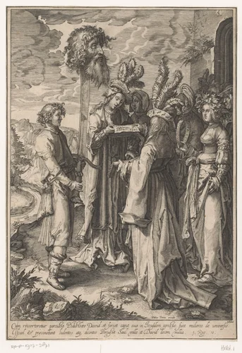 Vrouwen van Israël bezingen Davids triomf by Pierre Firens, print, 1600-1639