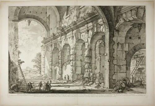View of the upper storey of the Cages for Wild Animals built by the Emperor Domitian, associated with the Flavian Amphitheater and commonly called the Curia Hostilia, from Views of Rome by Giovanni Battista Piranesi, print, 1750-1759