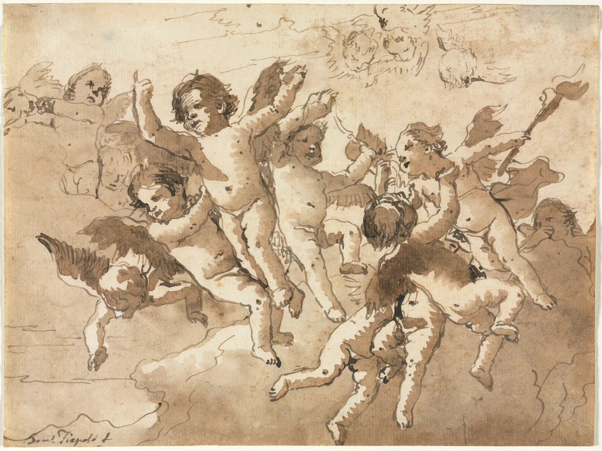 Cupid in the Clouds with Attendant Cherubs by Giovanni Domenico Tiepolo, drawing, 1757-1767