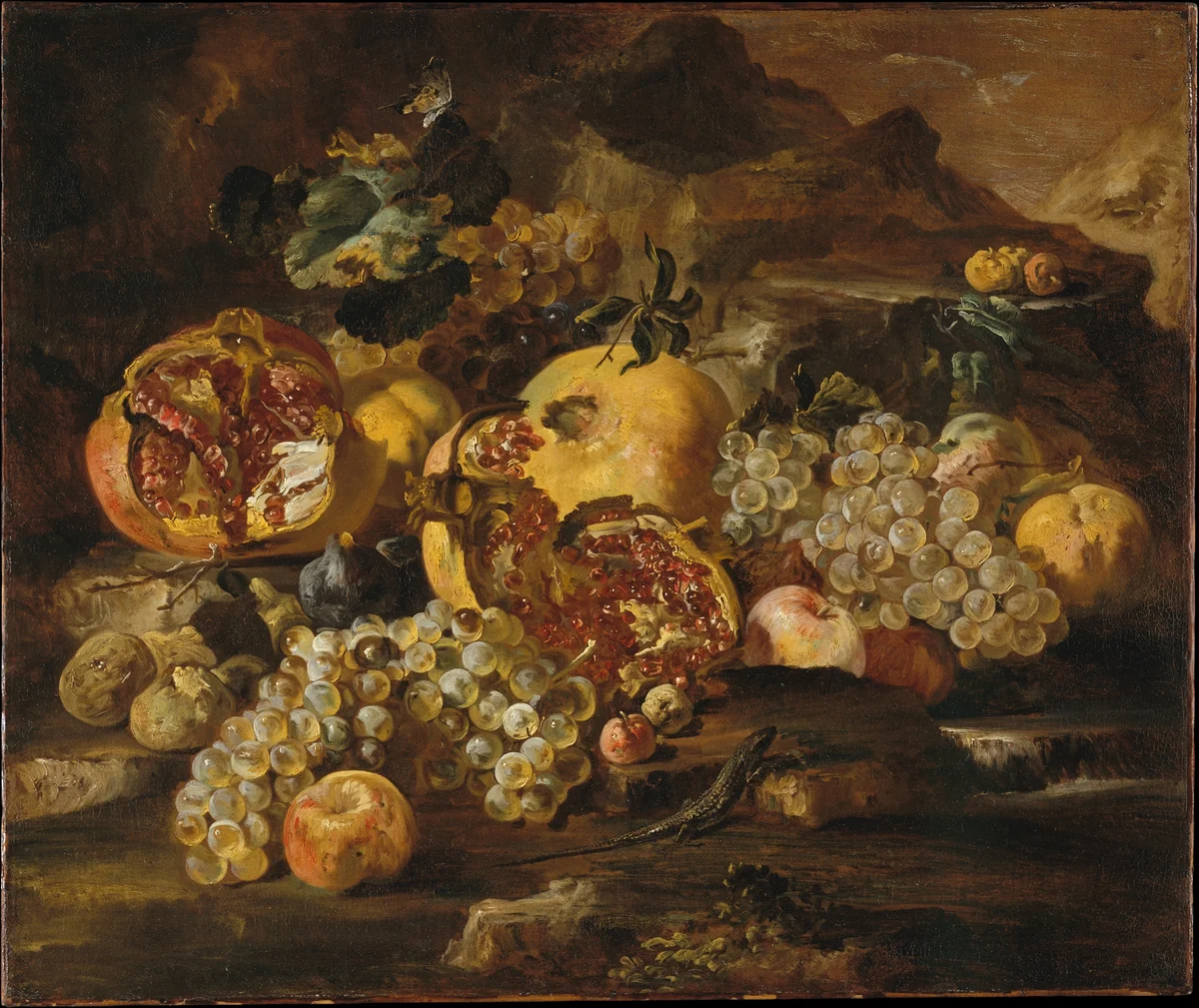 Pomegranates and Other Fruit in a Landscape by Abraham Brueghel, painting, 1650-1674