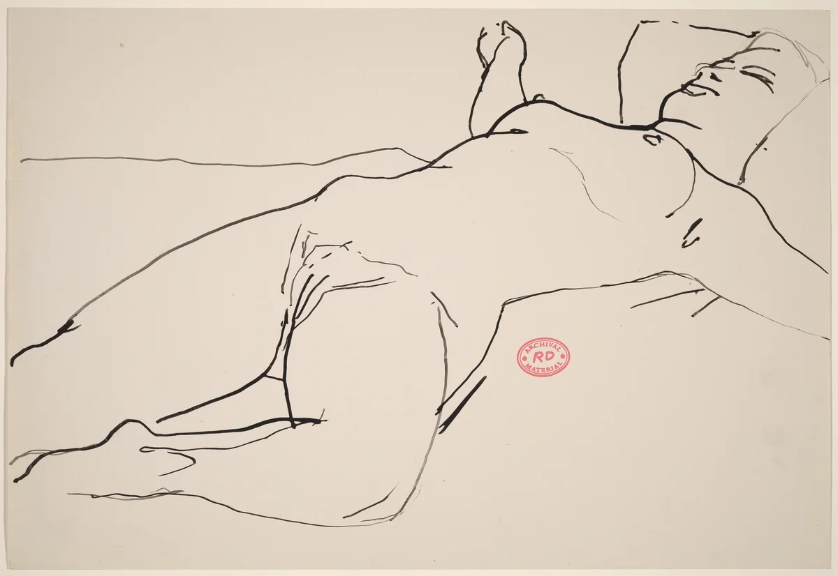 Untitled [reclining female nude with extended arms] by Richard Diebenkorn, drawing, 1955-1967