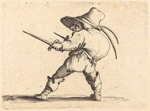 Duellist with Sword and Dagger by Jacques Callot, print, 1622
