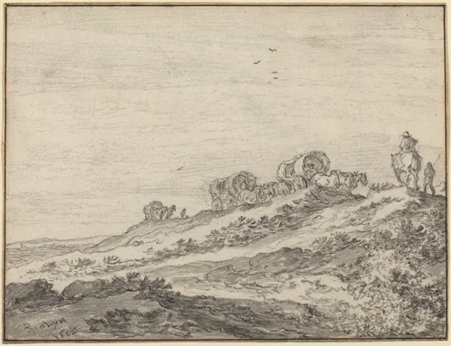 Travellers along the Crest of a Hill by Pieter Molijn, drawing, 1652
