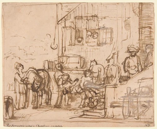 The Good Samaritan Arriving at the Inn by Constantijn van Renesse, drawing, 1655-1665