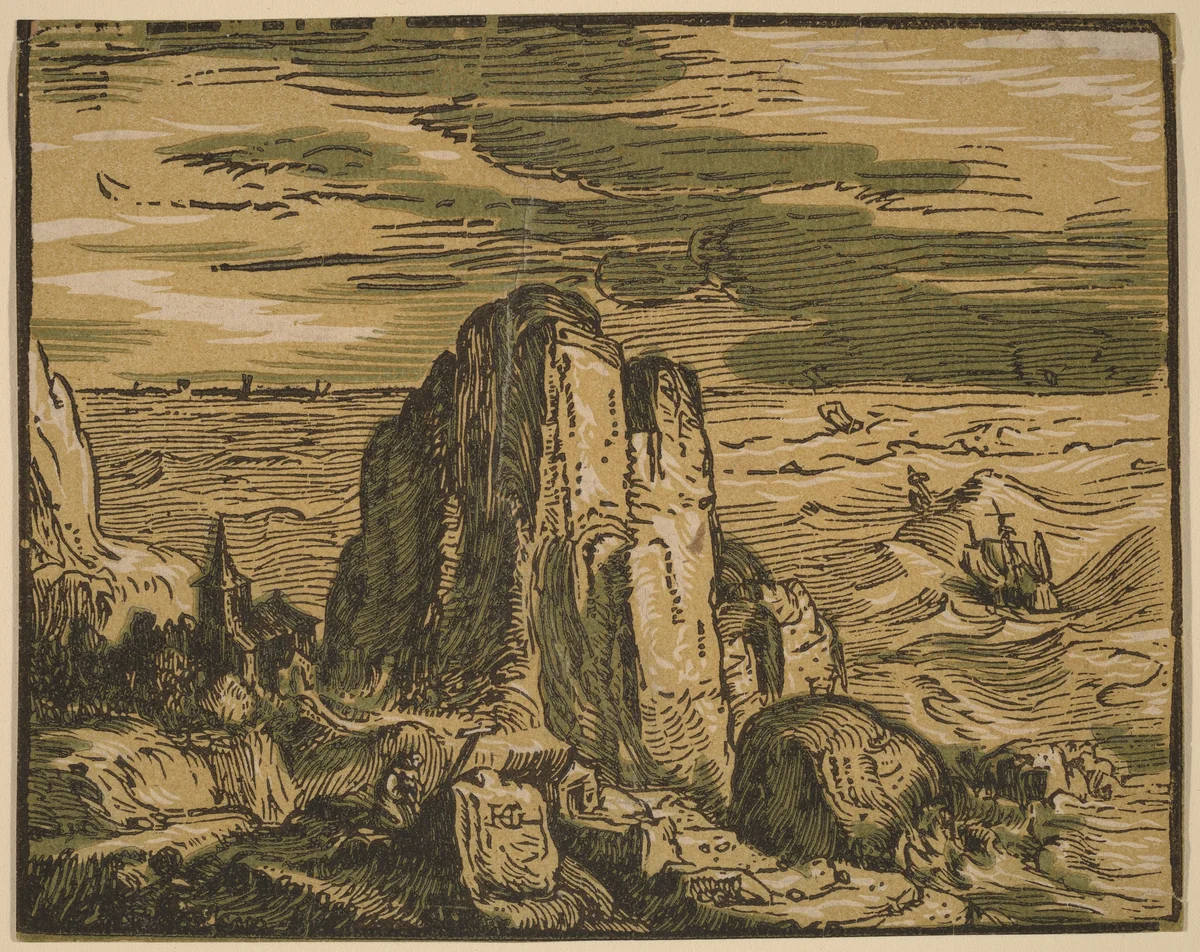 Cliff on a Seashore by Hendrick Goltzius, print, 1592-1595