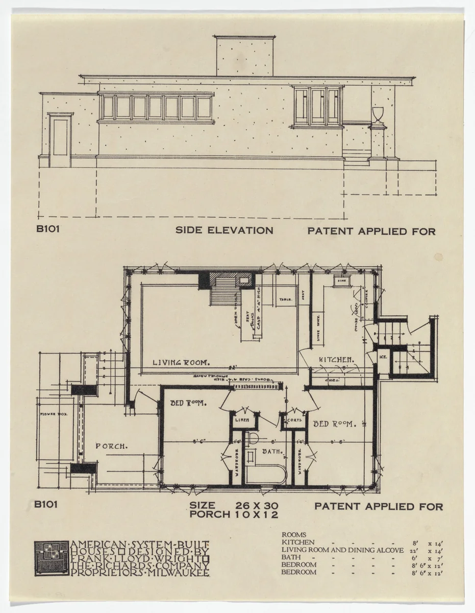 American System-Built Houses for The Richards Company project, Milwaukee, Wisconsin (Plan and elevation) by Frank Lloyd Wright, architecture, 1915