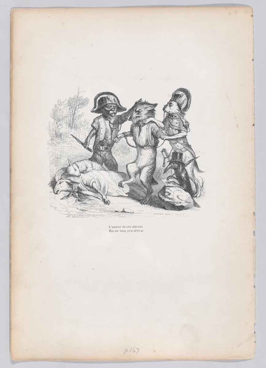 The author of this attack is a delicate little wolf, from "Scenes from the Private and Public Life of Animals" by J. J. Grandville, print, 1832-1852