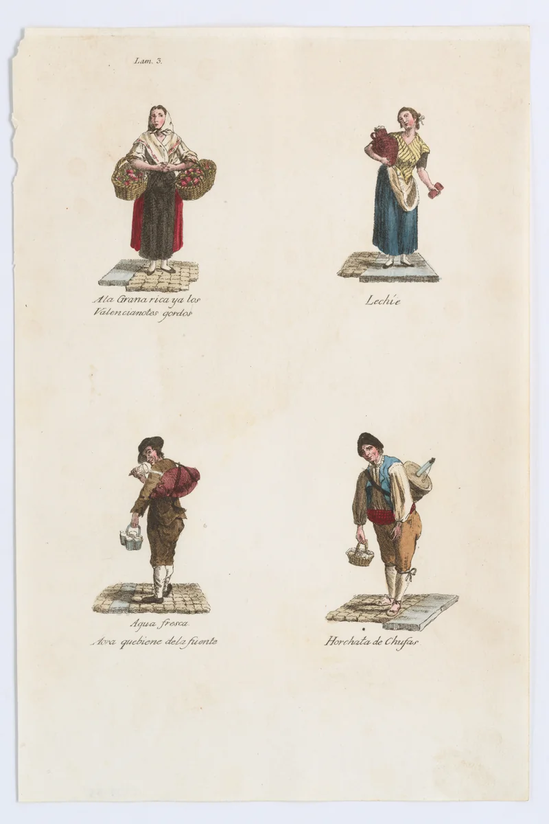 Plate 3: four street vendors from Madrid selling large tomatoes, milk, water, milk shakes, from 'Los Gritos de Madrid' (The Cries of Madrid) by Miguel Gamborino, print, 1809-1817