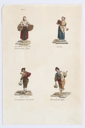 Plate 3: four street vendors from Madrid selling large tomatoes, milk, water, milk shakes, from 'Los Gritos de Madrid' (The Cries of Madrid) by Miguel Gamborino, print, 1809-1817