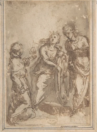 Saint Catherine Flanked by a Male and a Female Saint by anonymous, drawing, 1600-1700