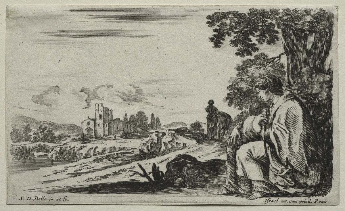 Various Figures and Landscapes: A Poor Nurse Seated under a Tree by Stefano della Bella, print, 1649