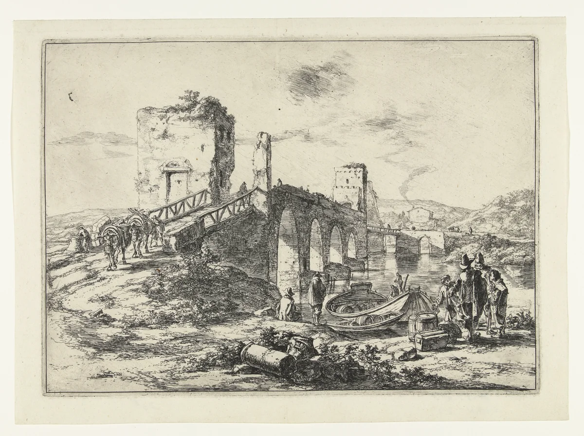 Landschap met brug, de Ponte Molle by Jan Both, print, 1644-1652