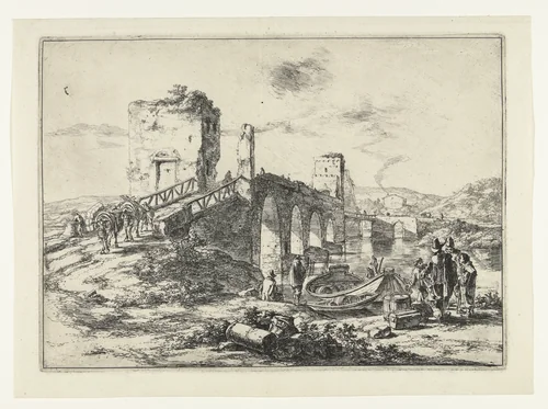 Landschap met brug, de Ponte Molle by Jan Both, print, 1644-1652