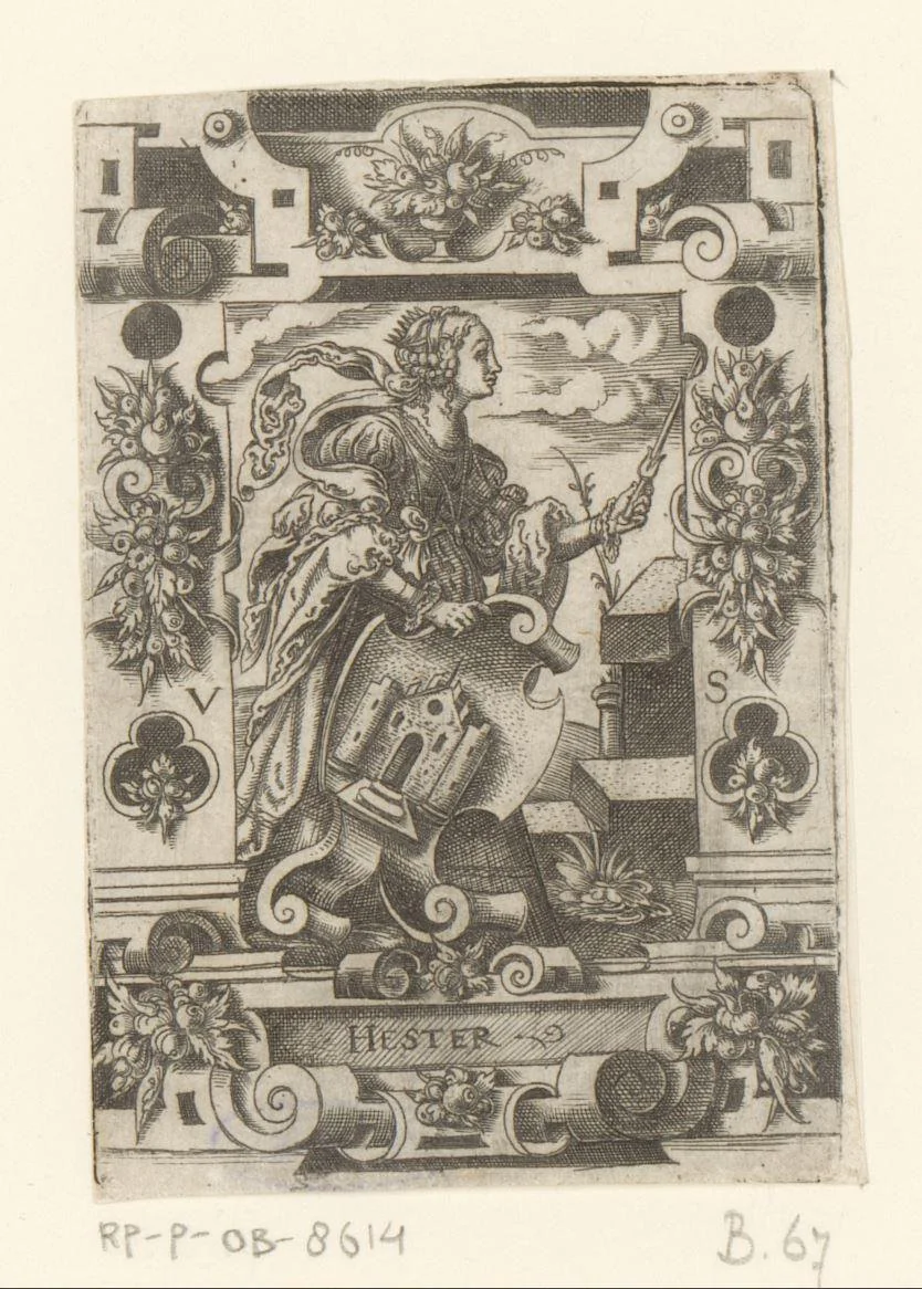 Esther met wapenschild in rolwerk omlijsting by Unknown, print, 1524-1562