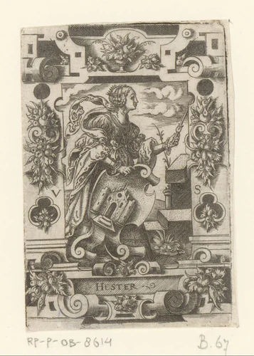 Esther met wapenschild in rolwerk omlijsting by Unknown, print, 1524-1562