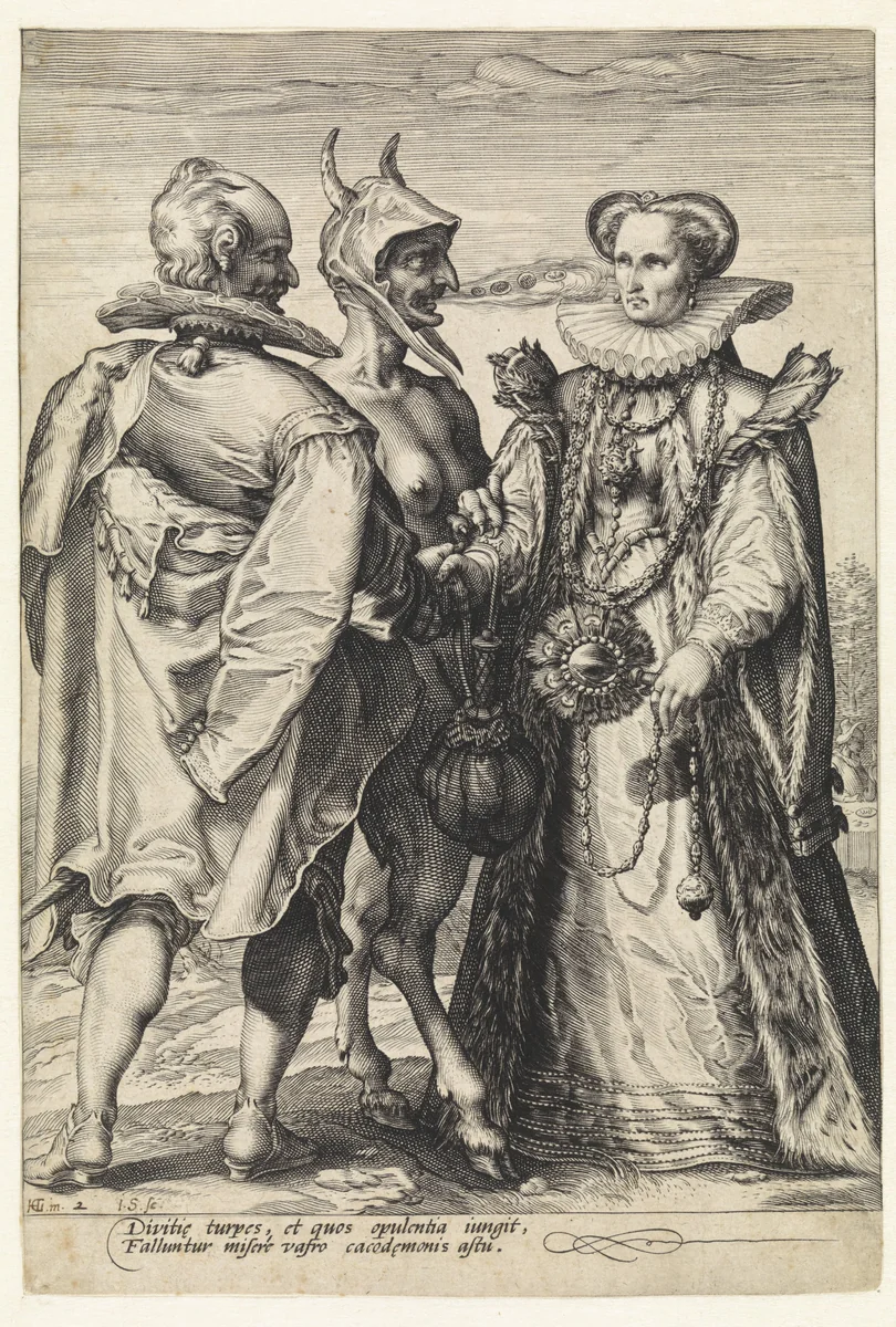 Huwelijk uit rijkdom door de duivel gesloten by Unknown, print, 1575-1607
