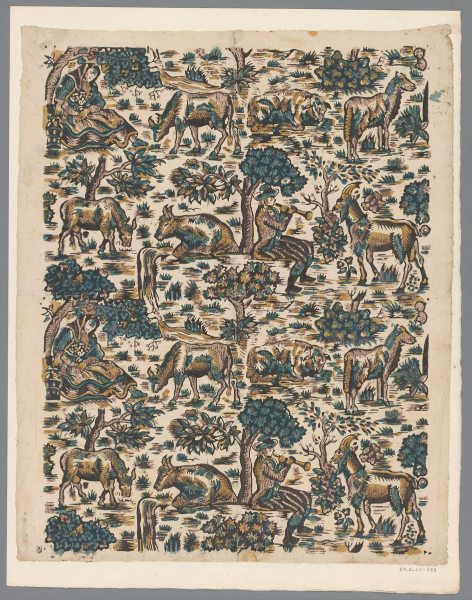 Blad met fluitspelende herder en zittende herderin omgeven door dieren by anonymous, print, 1750-1799