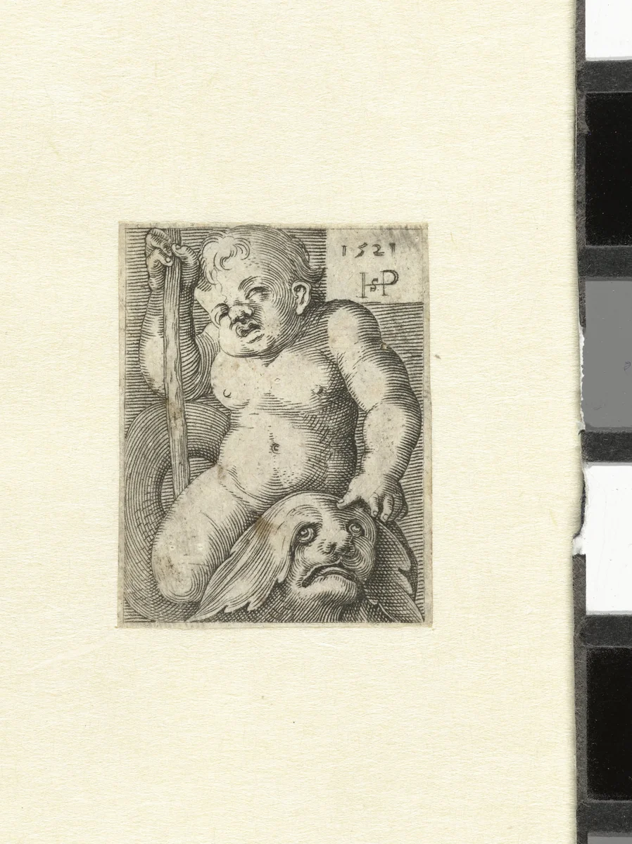 Putto op een dolfijn by anonymous, print, 1521-1599