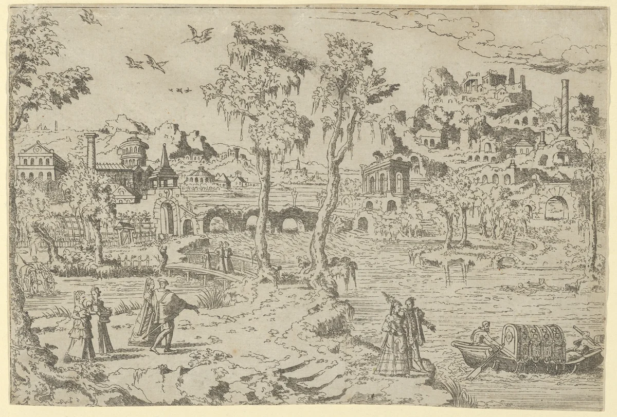 Landscape with ruins, courtiers, and a gondola by Léon Davent, print, 1526-1550