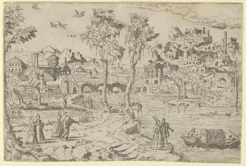 Landscape with ruins, courtiers, and a gondola by Léon Davent, print, 1526-1550
