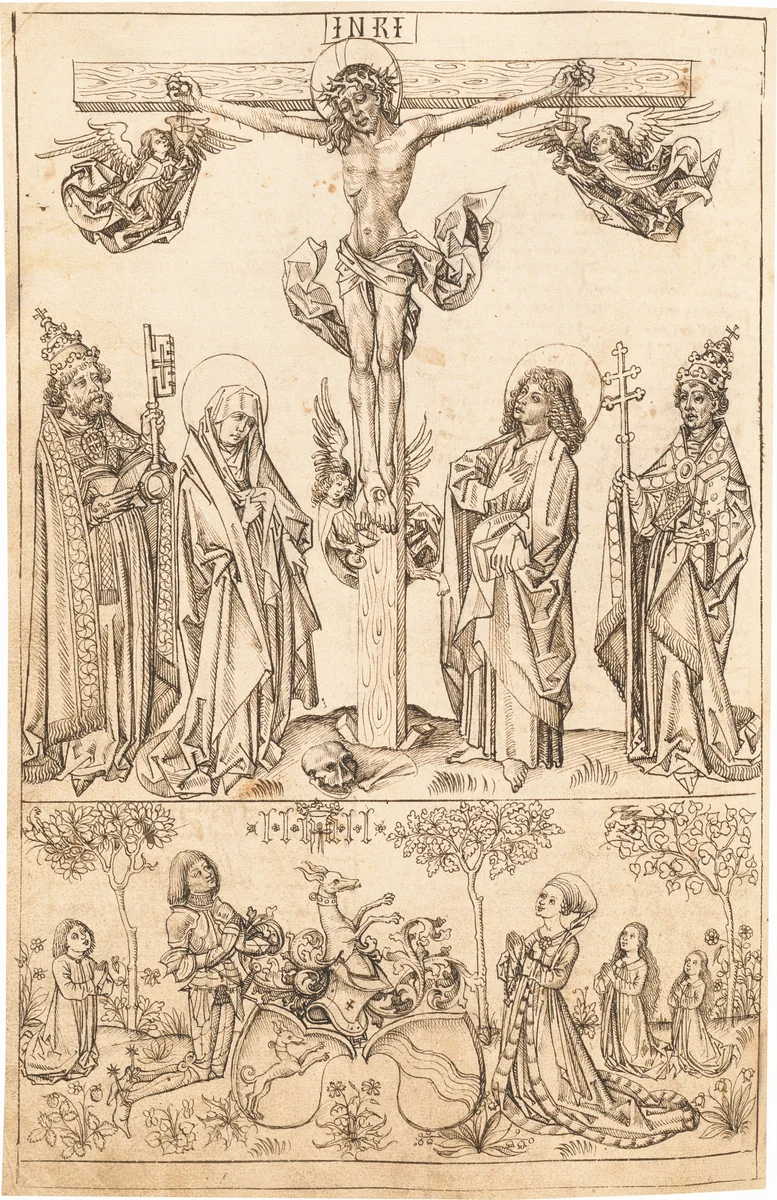 The Crucifixion with the Virgin and Saints and the Hungerstein Family by Primary Master of the Strassburg Chronicle, volume, 1492-1493