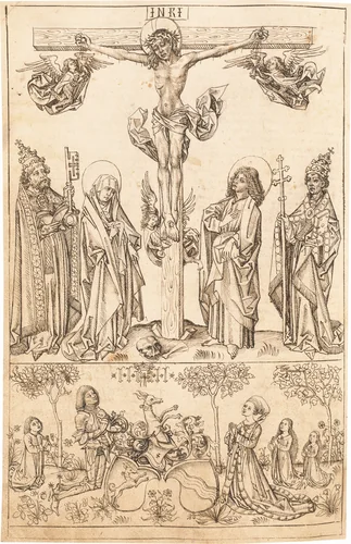 The Crucifixion with the Virgin and Saints and the Hungerstein Family by Primary Master of the Strassburg Chronicle, volume, 1492-1493