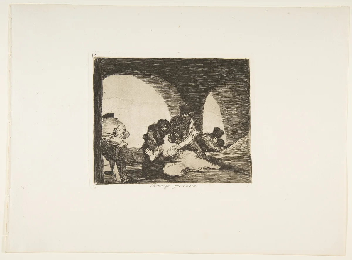 Plate 13 from "The Disasters of War" (Los Desastres de la Guerra): 'Bitter to be Present' (Amarga presencia) by Goya, print, 1810