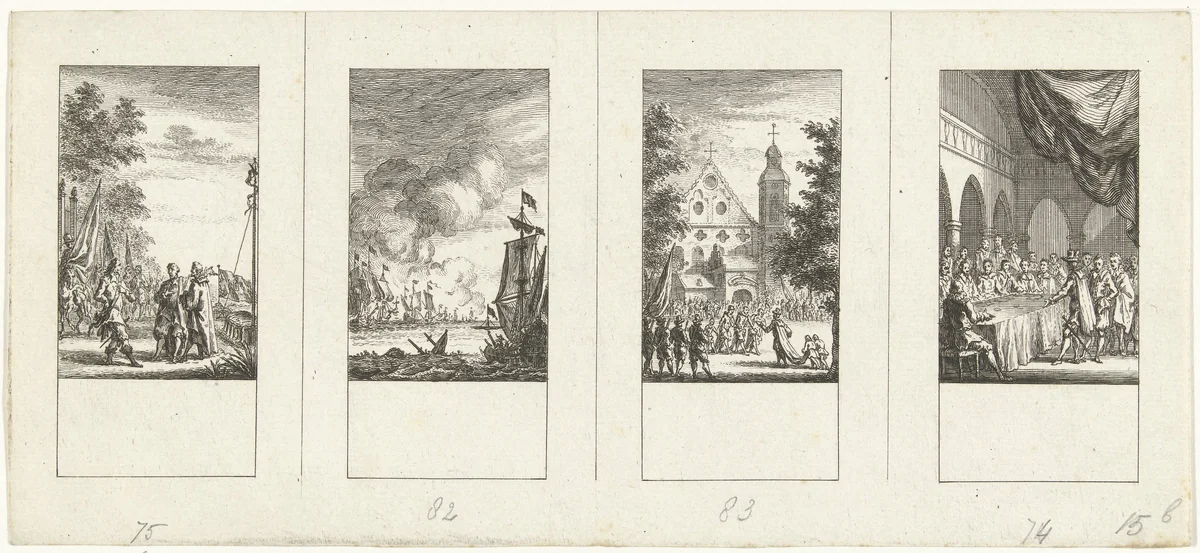 Vier episodes uit de vaderlandse geschiedenis by Simon Fokke, print, 1722-1784