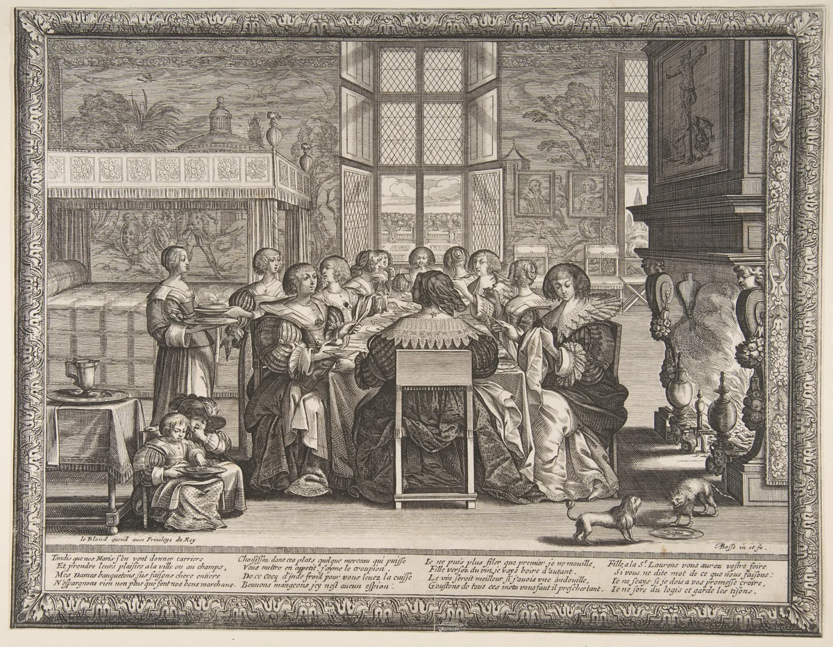 Wives at Table During the Absence of Their Husbands by Abraham Bosse, print, 1630-1641