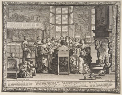 Wives at Table During the Absence of Their Husbands by Abraham Bosse, print, 1630-1641