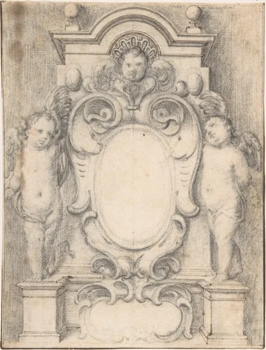 Cartouche between two cherubs on pedestals by anonymous, drawing, 1695-1705