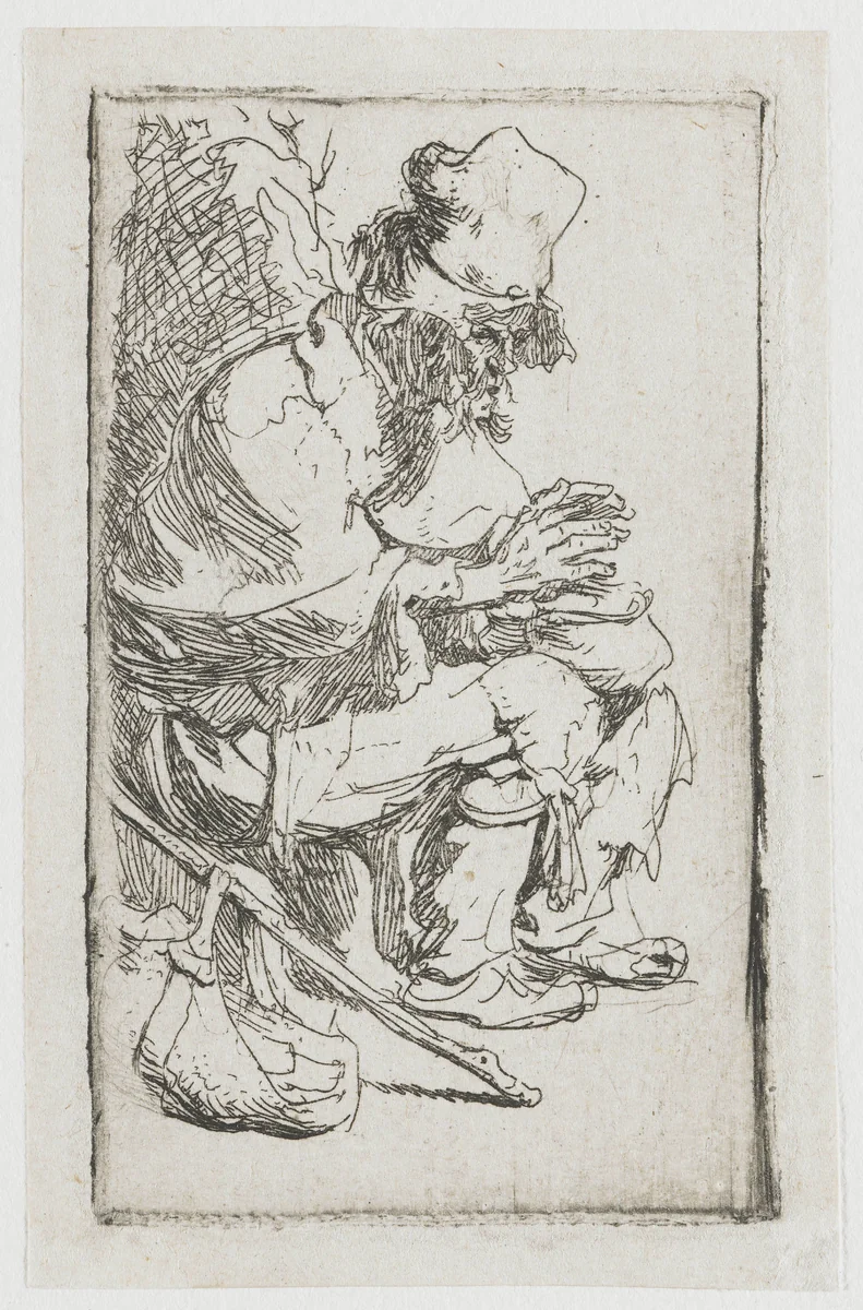 Beggar seated warming his hands at a chafing dish by Rembrandt van Rijn, print, 1630